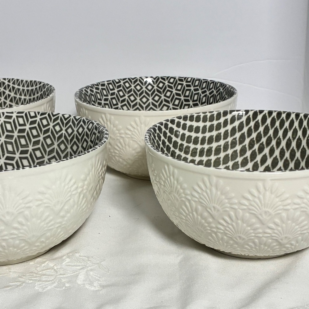 6 Stoneware Bowls Geometric Floral Embossed Boho Modern Farmhouse Scandi Style